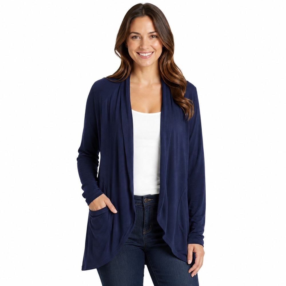 Muk Luks Cardigan Womens Small Petite PS Navy Blue Open Front Draped Sweater